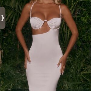 ALL NIGHT LONG Asymmetric Cut Out Midi Dress in Ivory